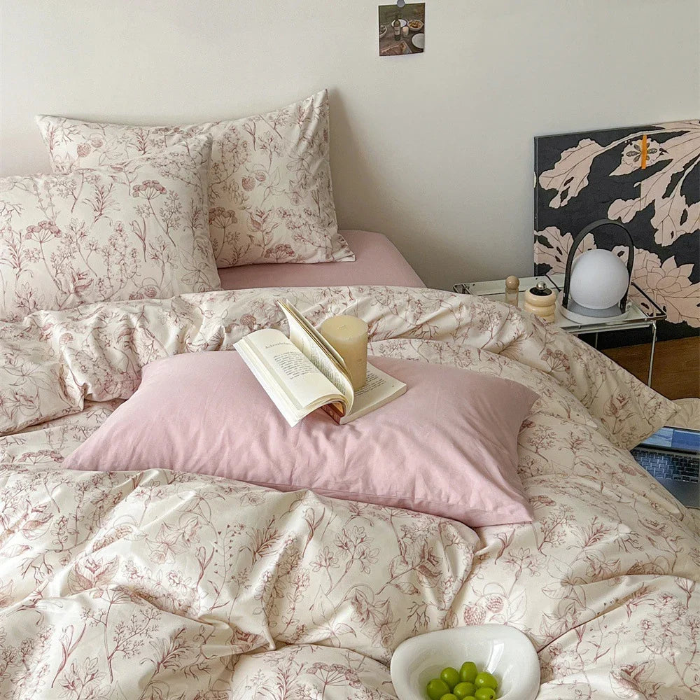 Bedding Set Soft Cotton Satin Botanical Sketch 4-Piece