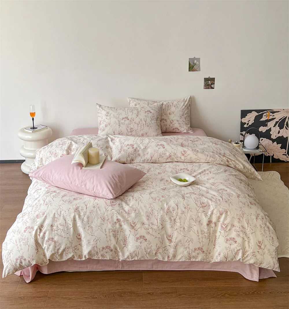 Bedding Set Soft Cotton Satin Botanical Sketch 4-Piece