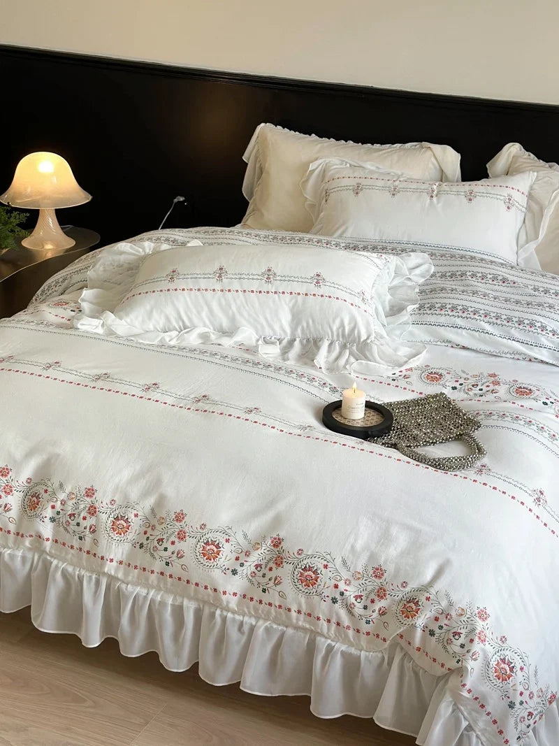 Bedding Set Soft Washed Cotton Floral Embroidery & Ruffled Edges