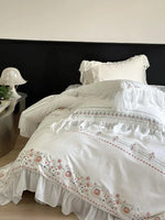 Bedding Set Soft Washed Cotton Floral Embroidery & Ruffled Edges