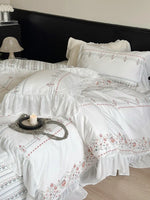 Bedding Set Soft Washed Cotton Floral Embroidery & Ruffled Edges