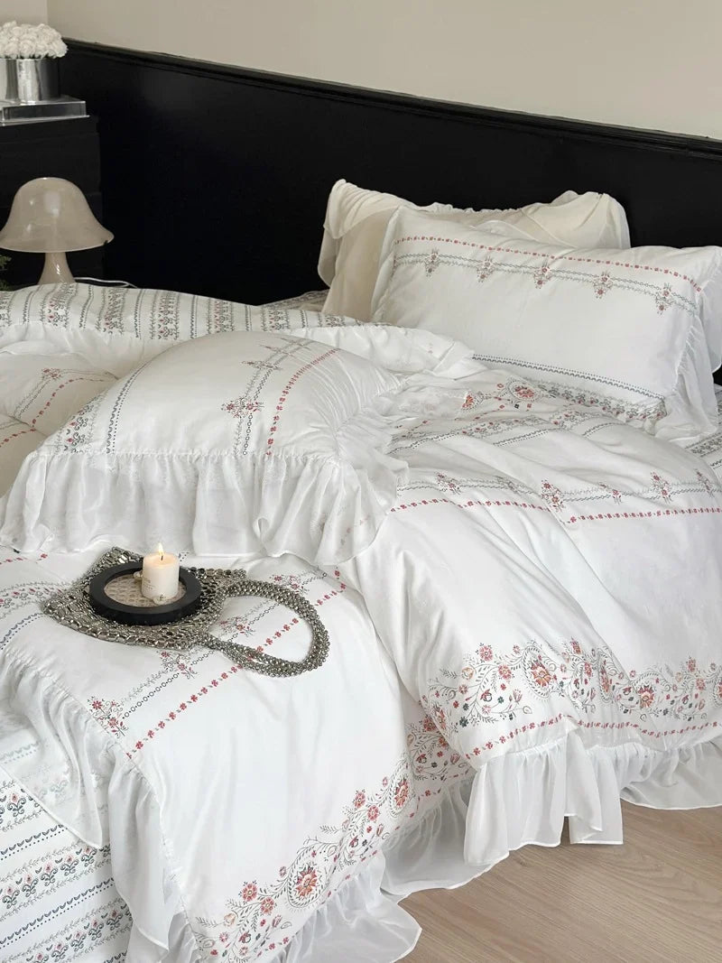 Bedding Set Soft Washed Cotton Floral Embroidery & Ruffled Edges