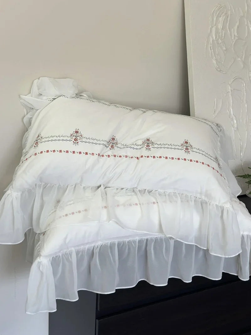 Bedding Set Soft Washed Cotton Floral Embroidery & Ruffled Edges