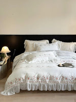 Bedding Set Soft Washed Cotton Floral Embroidery & Ruffled Edges