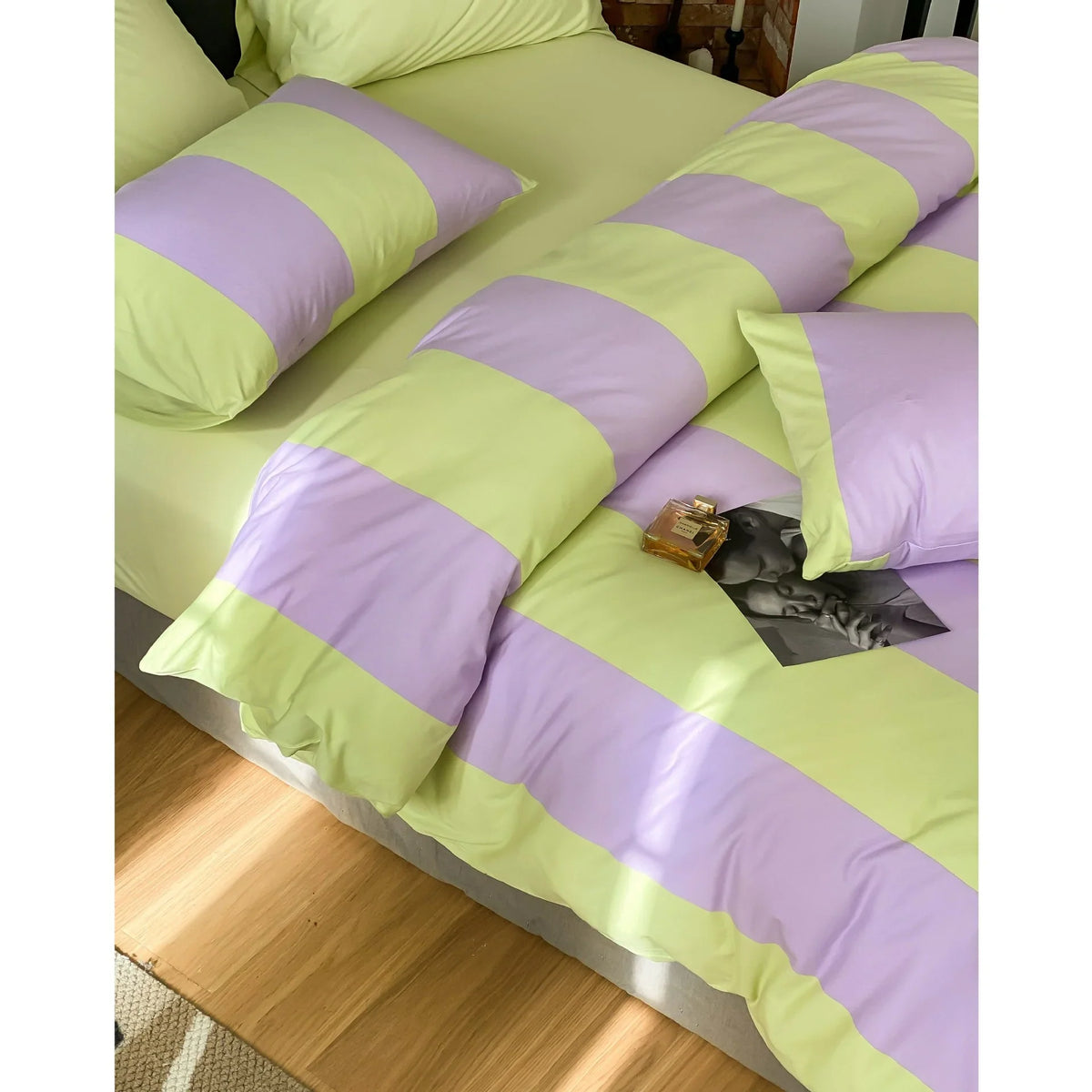 Bedding Set Striped Cotton Satin Hidden Zipper