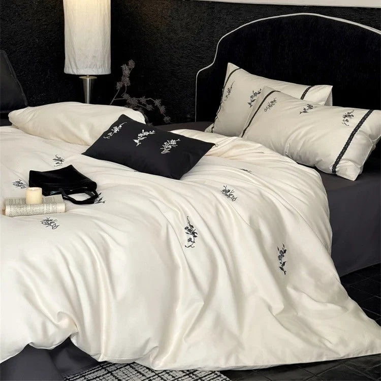 Bedding Set Temperature-Regulating Satin Floral Embroidery
