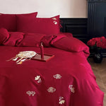 Bedding Set Temperature-Regulating Satin Floral Embroidery Set of 4