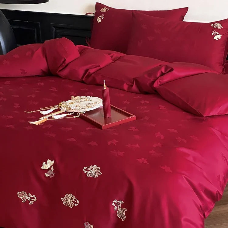 Bedding Set Temperature-Regulating Satin Floral Embroidery Set of 4