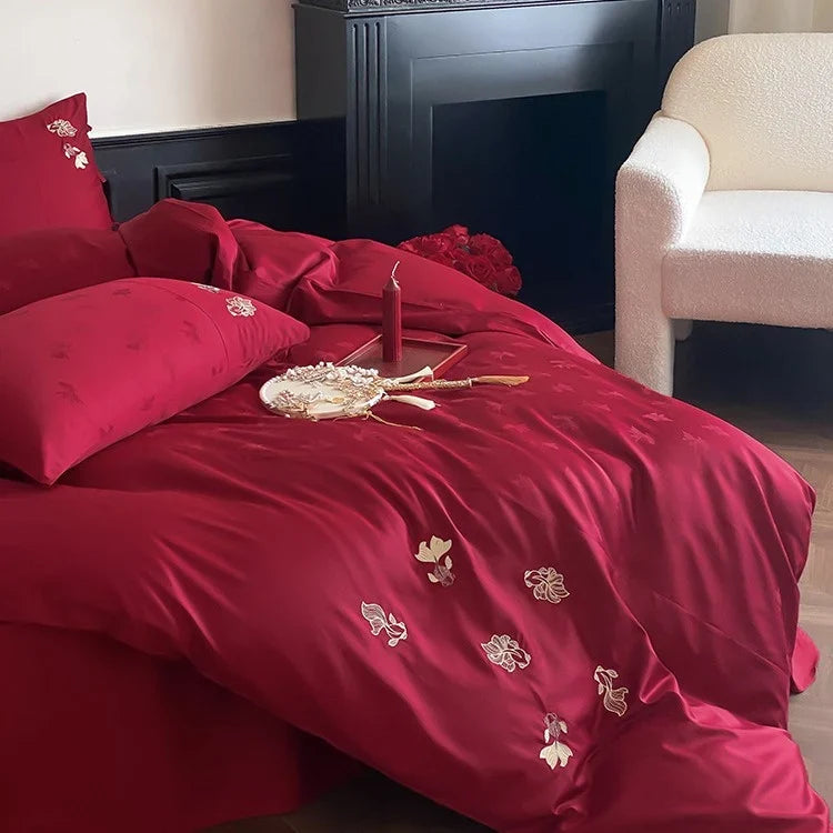 Bedding Set Temperature-Regulating Satin Floral Embroidery Set of 4