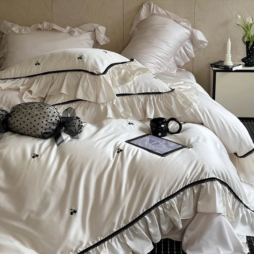 Bedding Set Thermoregulating Satin Ruffled Trim & Cherry Embroidery