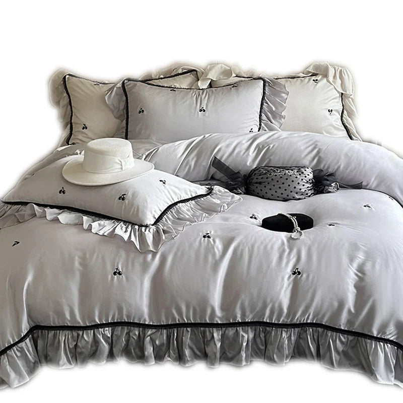 Bedding Set Thermoregulating Satin Ruffled Trim & Cherry Embroidery
