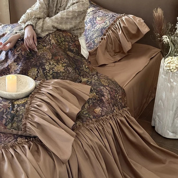 Bedding Set Tonal Floral Jacquard Ruffle Trim 4-Piece