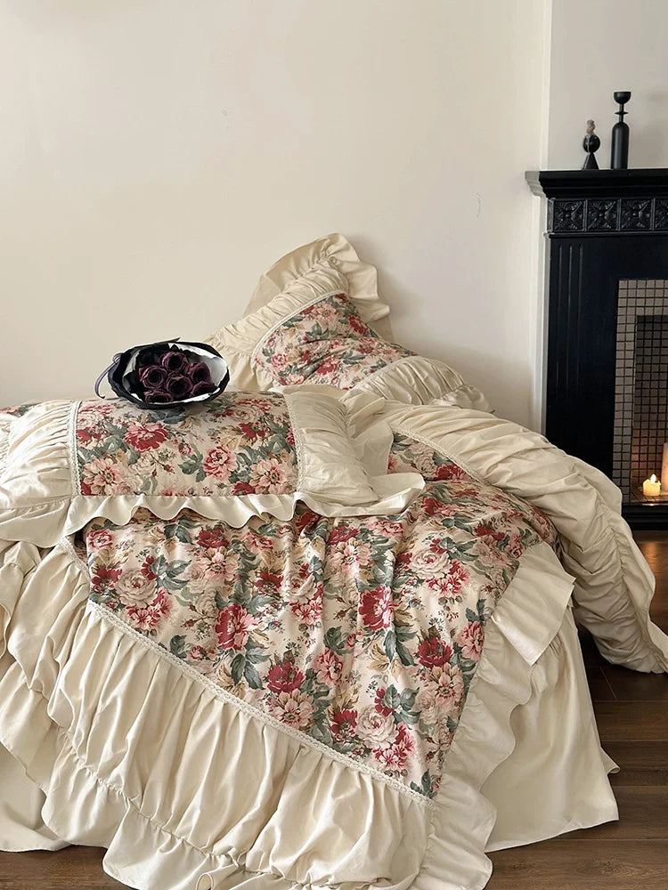 Bedding Set Victorian Floral Cotton Blend Ruffle Detail