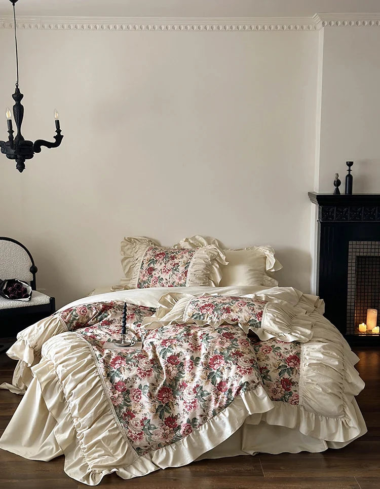 Bedding Set Victorian Floral Cotton Blend Ruffle Detail