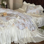 Bedding Set Vintage Floral Ruffle Cotton Satin Machine Washable