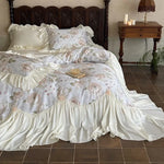 Bedding Set Vintage Floral Ruffle Cotton Satin Machine Washable