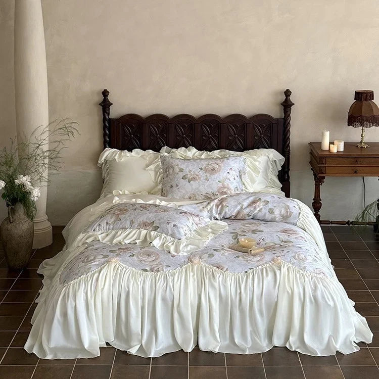 Bedding Set Vintage Floral Ruffle Cotton Satin Machine Washable