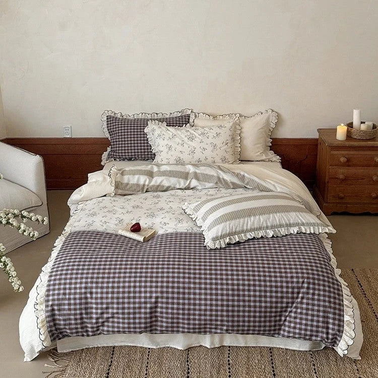 Bedding Set Vintage Patchwork Ruffle Lace Trim 4-Piece Set