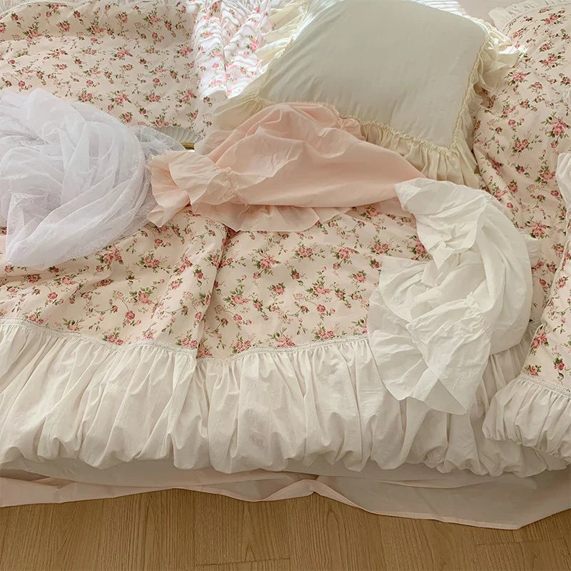 Bedding Set Vintage Rose Ruffle Fits 87x94in