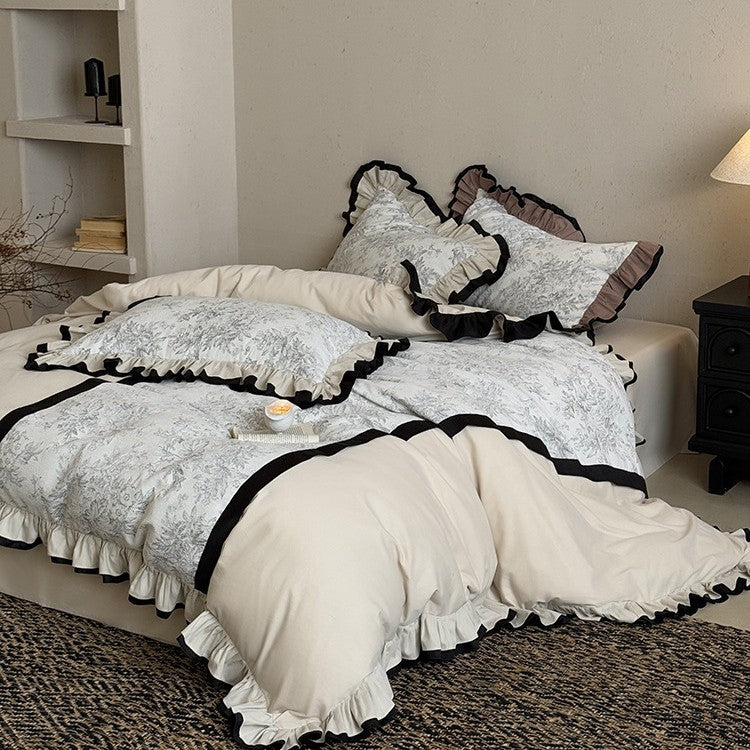 Bedding Set Vintage Toile Ruffled Edge 4-Piece Set