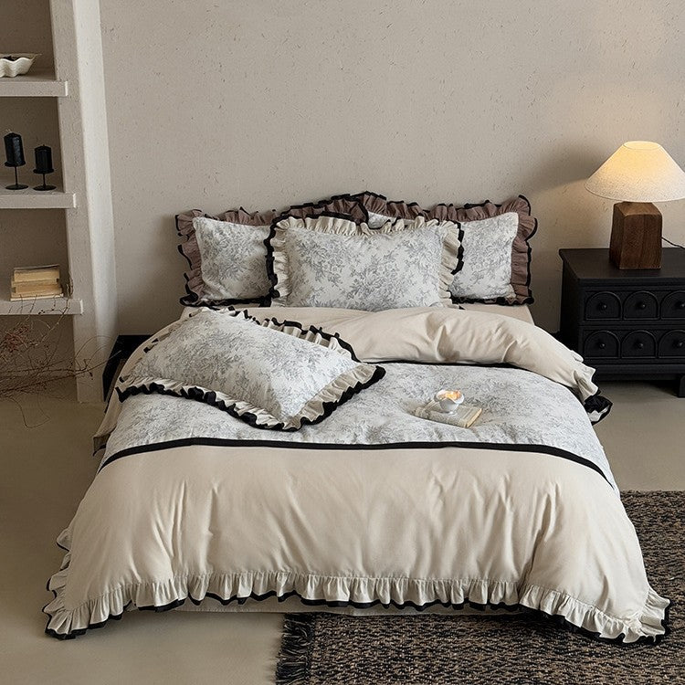 Bedding Set Vintage Toile Ruffled Edge 4-Piece Set