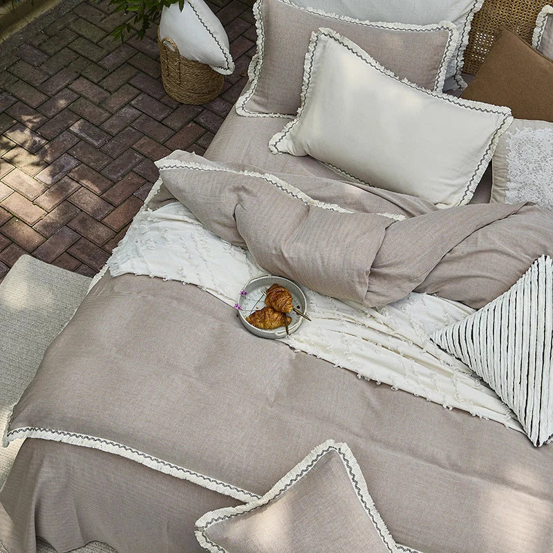 Bedding Set Washed Cotton-Linen Crochet Lace Trim 4-Piece
