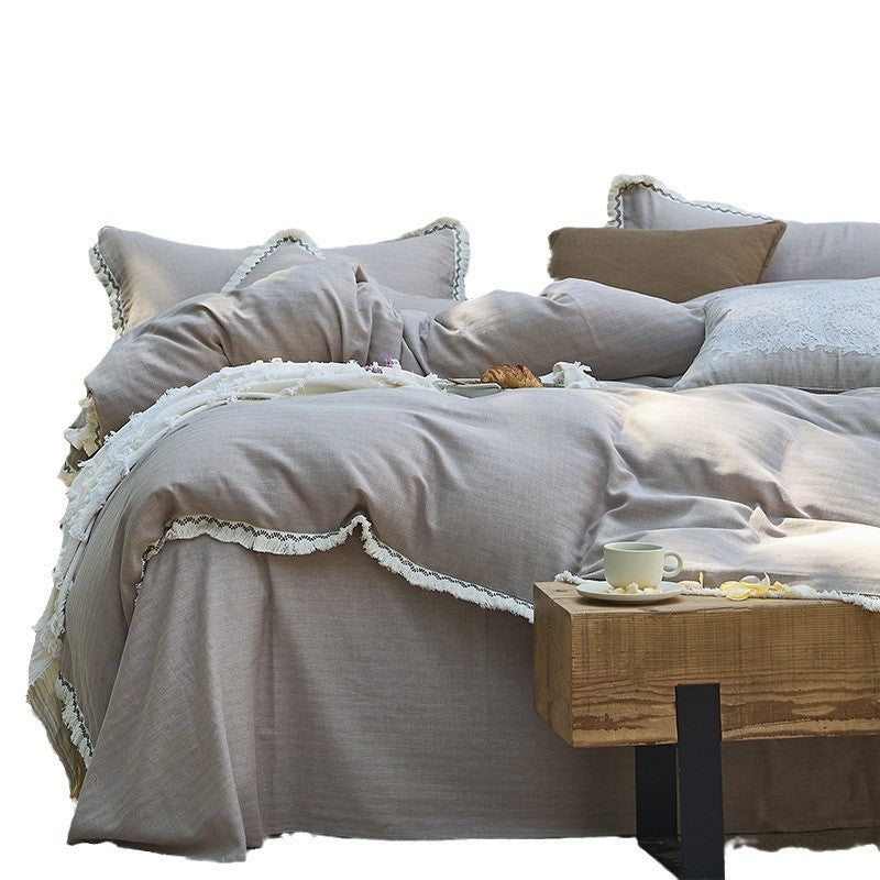 Bedding Set Washed Cotton-Linen Crochet Lace Trim 4-Piece