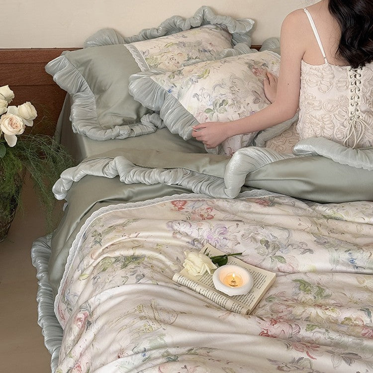 Bedding Set Watercolor Floral Reversible Lace Trim 4-Piece