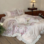 Bedding Set Watercolor Floral Reversible Lace Trim 4-Piece