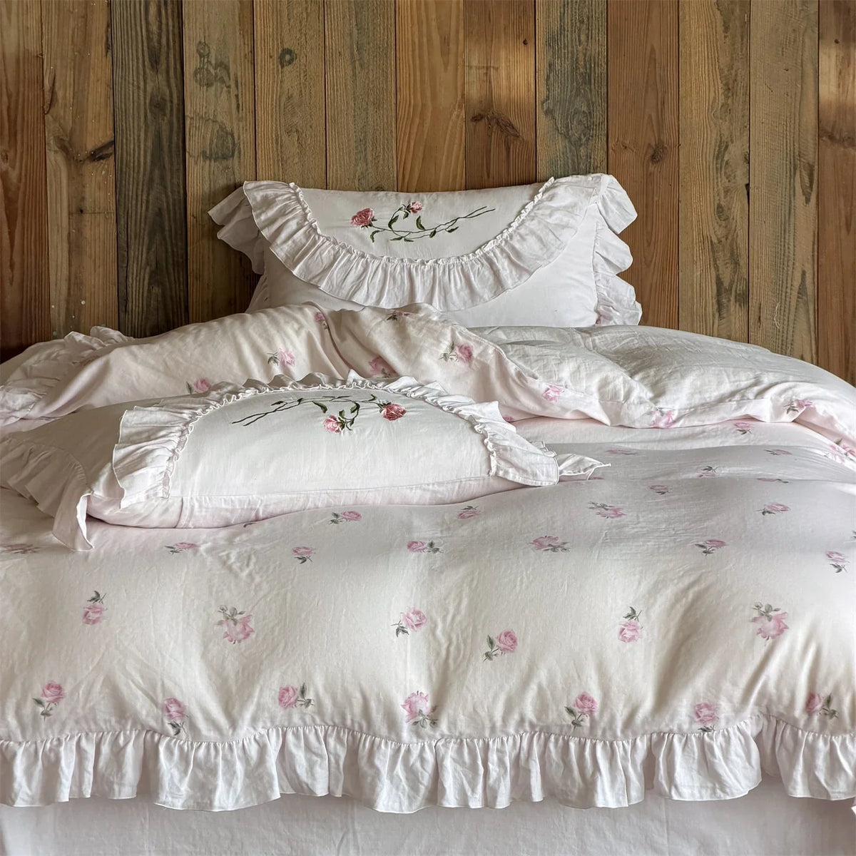 Bedding Set Woven Cotton Rose Embroidery & Ruffle Trim