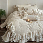 Bedspread 4-Piece Set Cotton-Linen Double Ruffle & Lace Trim