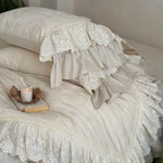 Bedspread 4-Piece Set Cotton-Linen Double Ruffle & Lace Trim