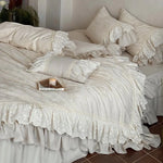 Bedspread 4-Piece Set Cotton-Linen Double Ruffle & Lace Trim
