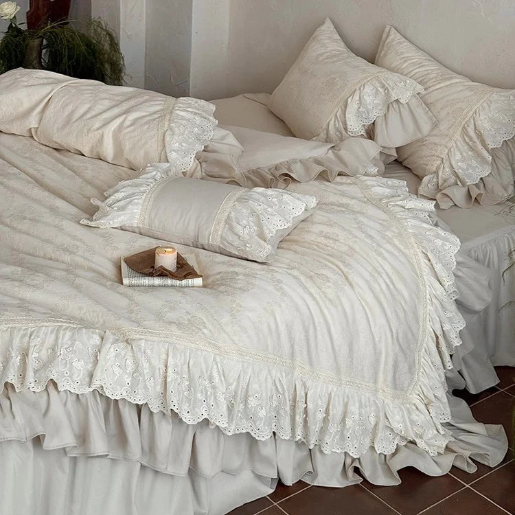 Bedspread 4-Piece Set Cotton-Linen Double Ruffle & Lace Trim
