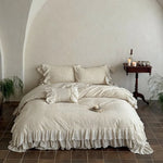 Bedspread 4-Piece Set Cotton-Linen Double Ruffle & Lace Trim