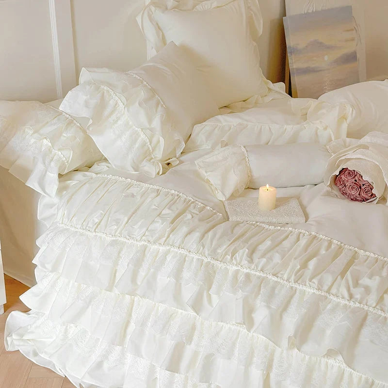 Bedspread Set Multilayered Ruffle & Lace Stripes Cotton Blend