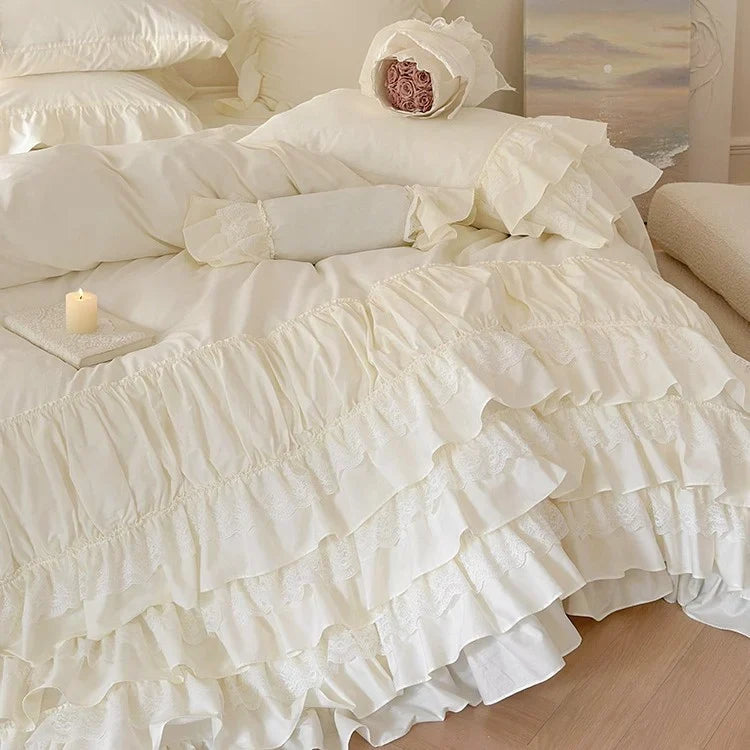 Bedspread Set Multilayered Ruffle & Lace Stripes Cotton Blend