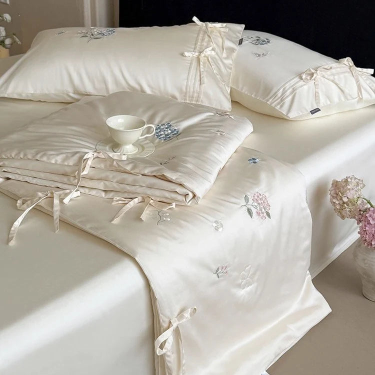Bedspread Set Silky Satin Hand Embroidered & Secure Ties