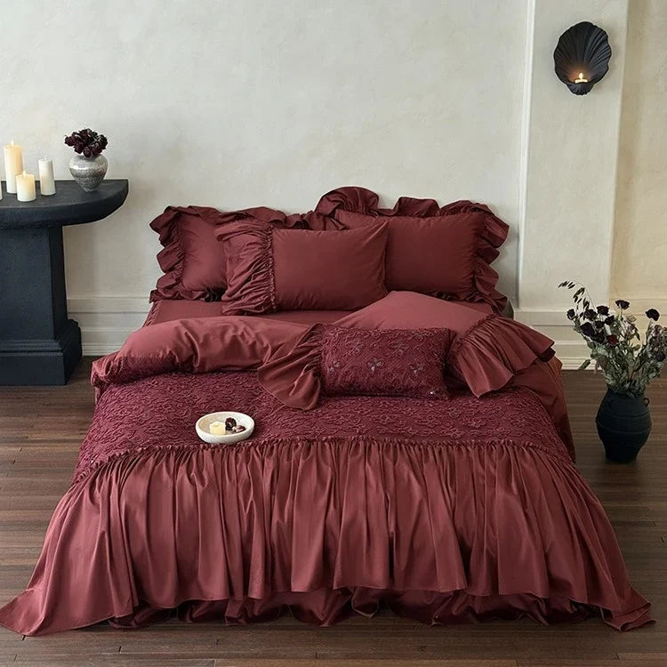 Bedspread Set Velvety Satin 3D Floral Embroidery 4-Piece