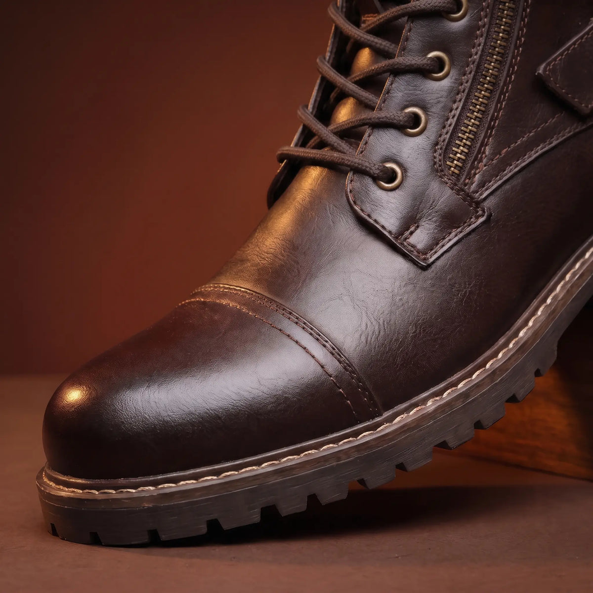 Biker Boots Side Zip Buckle Strap Deep Tread