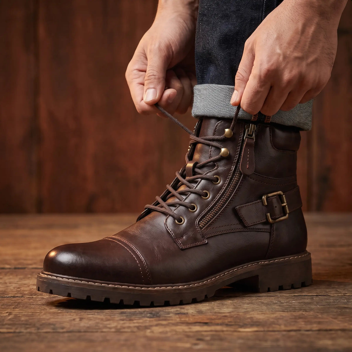 Biker Boots Side Zip Buckle Strap Deep Tread