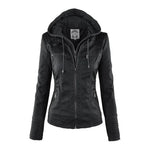 Biker Jacket Faux Leather Removable Hood Hip-Length