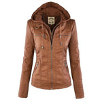 Biker Jacket Faux Leather Removable Hood Hip-Length