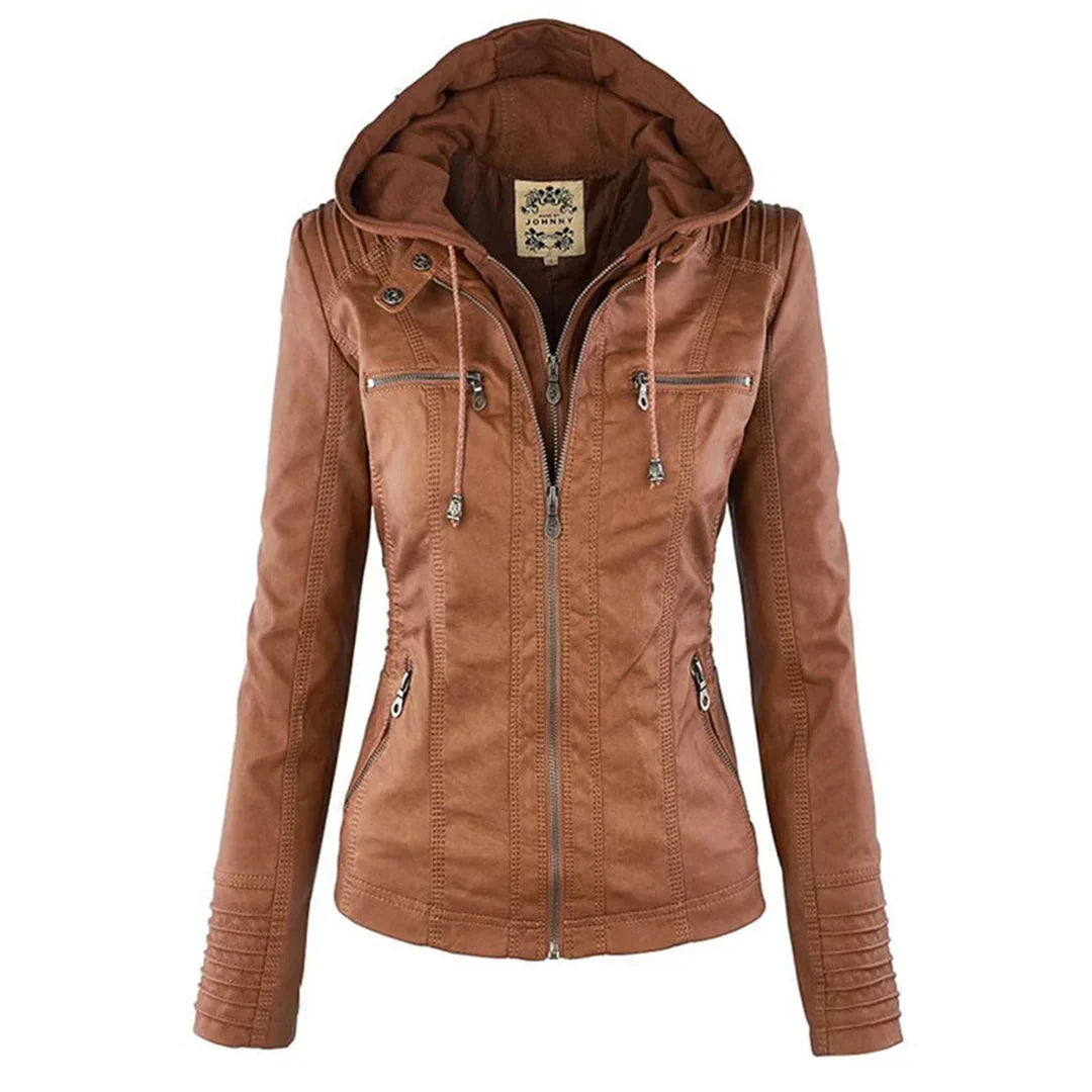 Biker Jacket Faux Leather Removable Hood Hip-Length