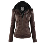 Biker Jacket Faux Leather Removable Hood Hip-Length