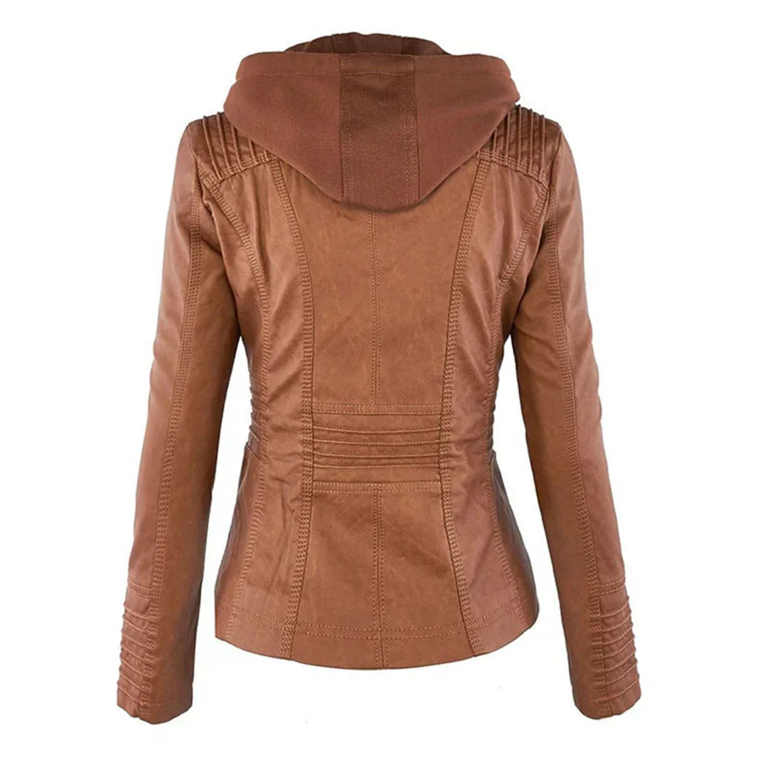 Biker Jacket Faux Leather Removable Hood Hip-Length