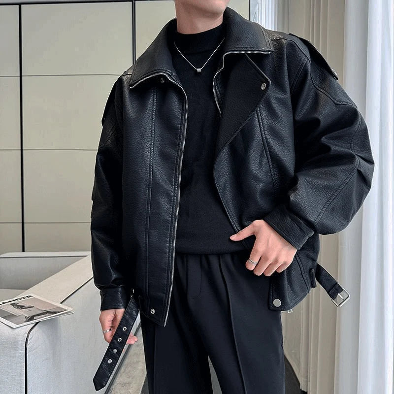 Biker Jacket Leather-Look Oversized Fit Adjustable Waist Belt