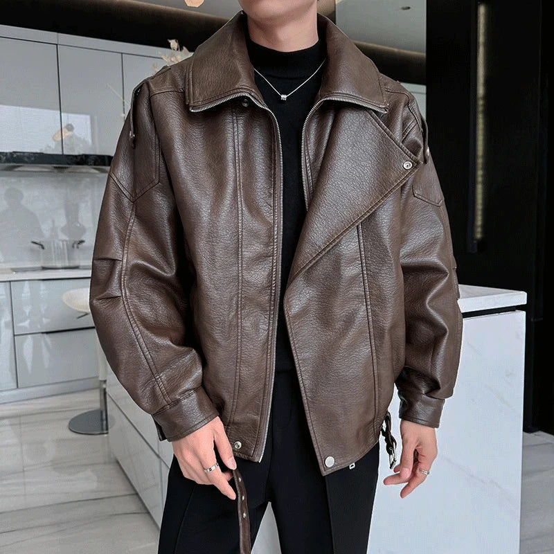 Biker Jacket Leather-Look Oversized Fit Adjustable Waist Belt