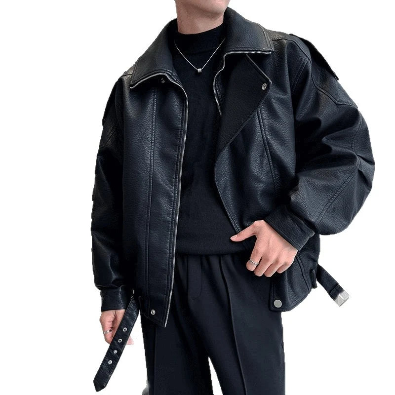 Biker Jacket Leather-Look Oversized Fit Adjustable Waist Belt