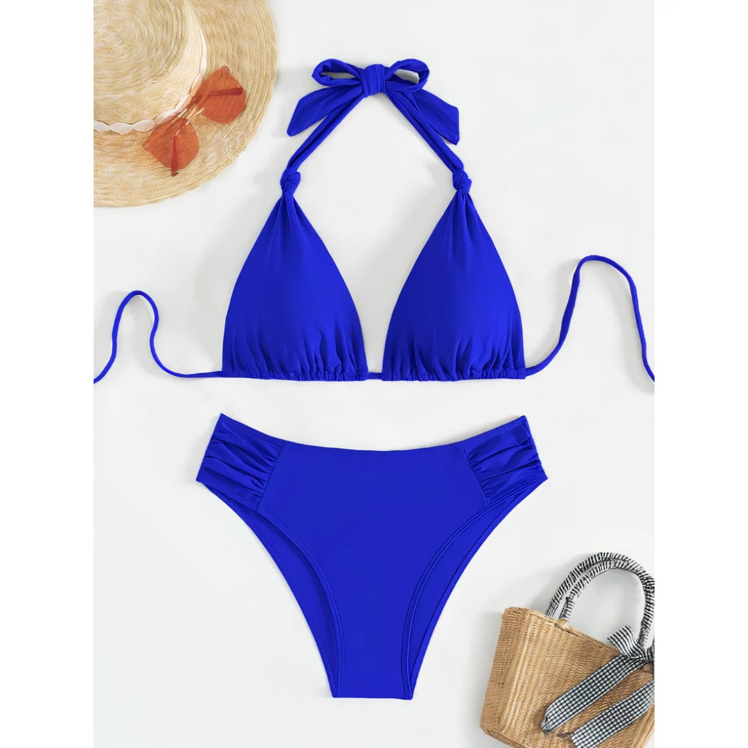 Bikini Set Adjustable Triangle Halterneck Ruched Bottoms